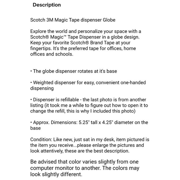 Scotch 3M Magic Tape dispenser Globe Explore the World 5" Weighted Refillable - Picture 8 of 8